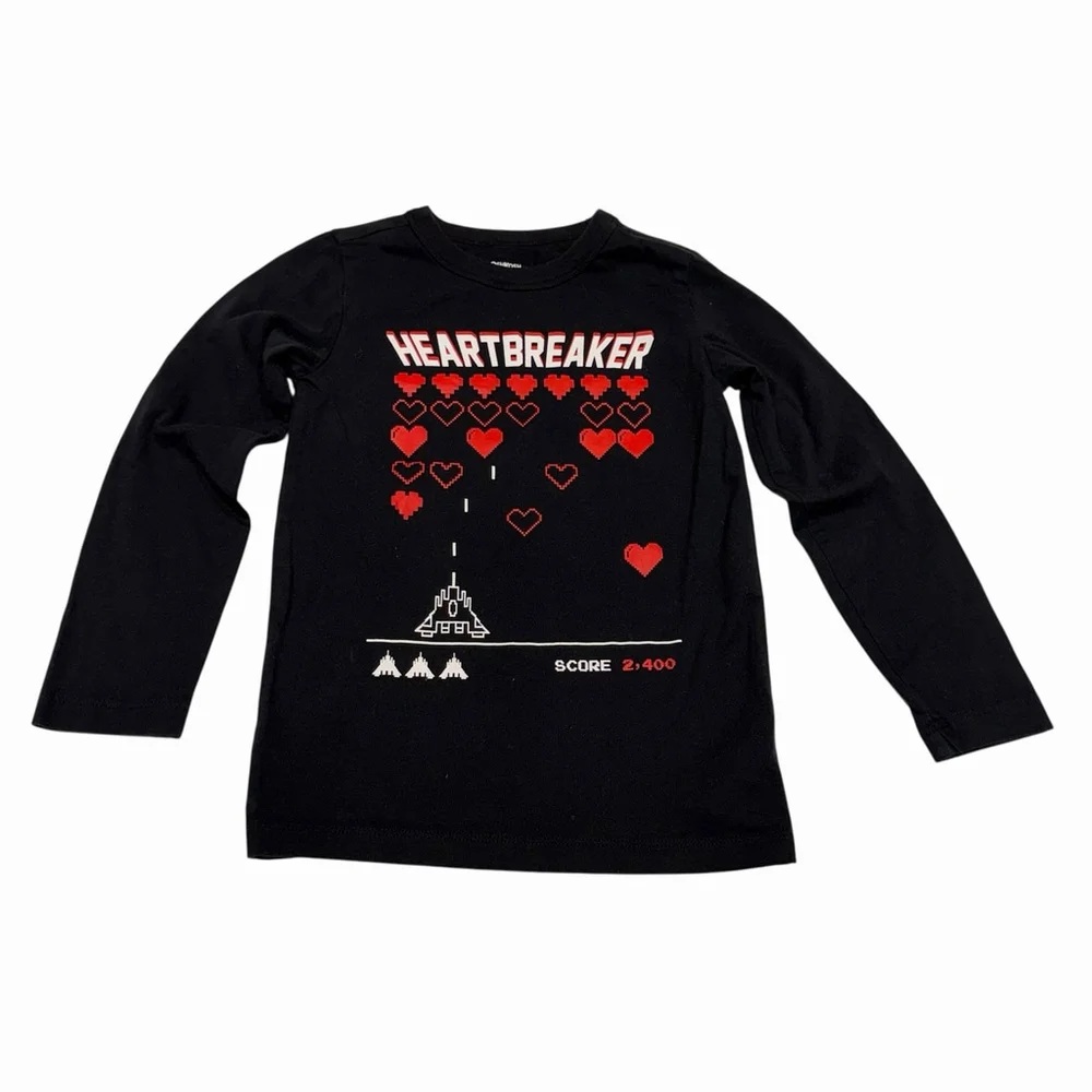 Oshkosh Boys Black Long Slv Graphic Tee Heartbreaker Arcade Game Shirt Size 4/5‎